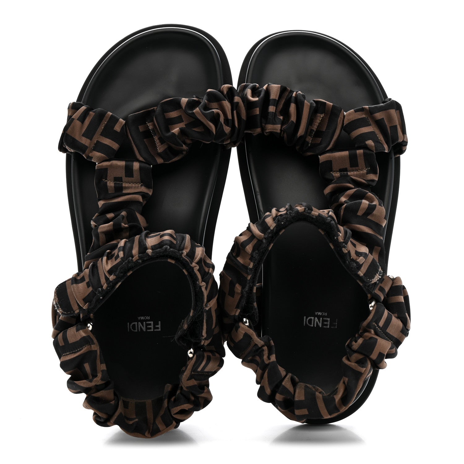 Fendi Satin FF Ruched Sandals 38 Tobacco Black 2 of 10