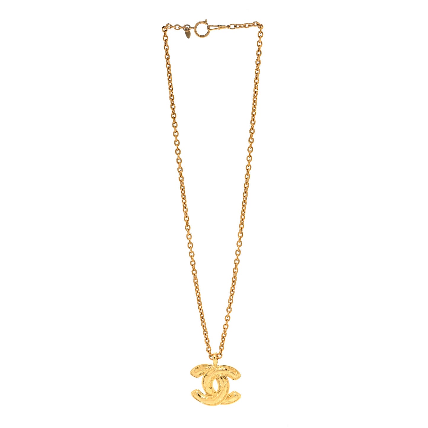 Metal Quilted CC Long Necklace Gold