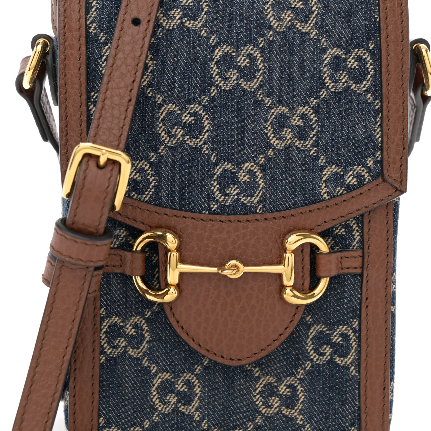 Gucci New Denim GG Monogram Dollar Calfskin Mini Horsebit 1955 Crossbody Bag Blue Tea Cuir Epilog 8 of 10
