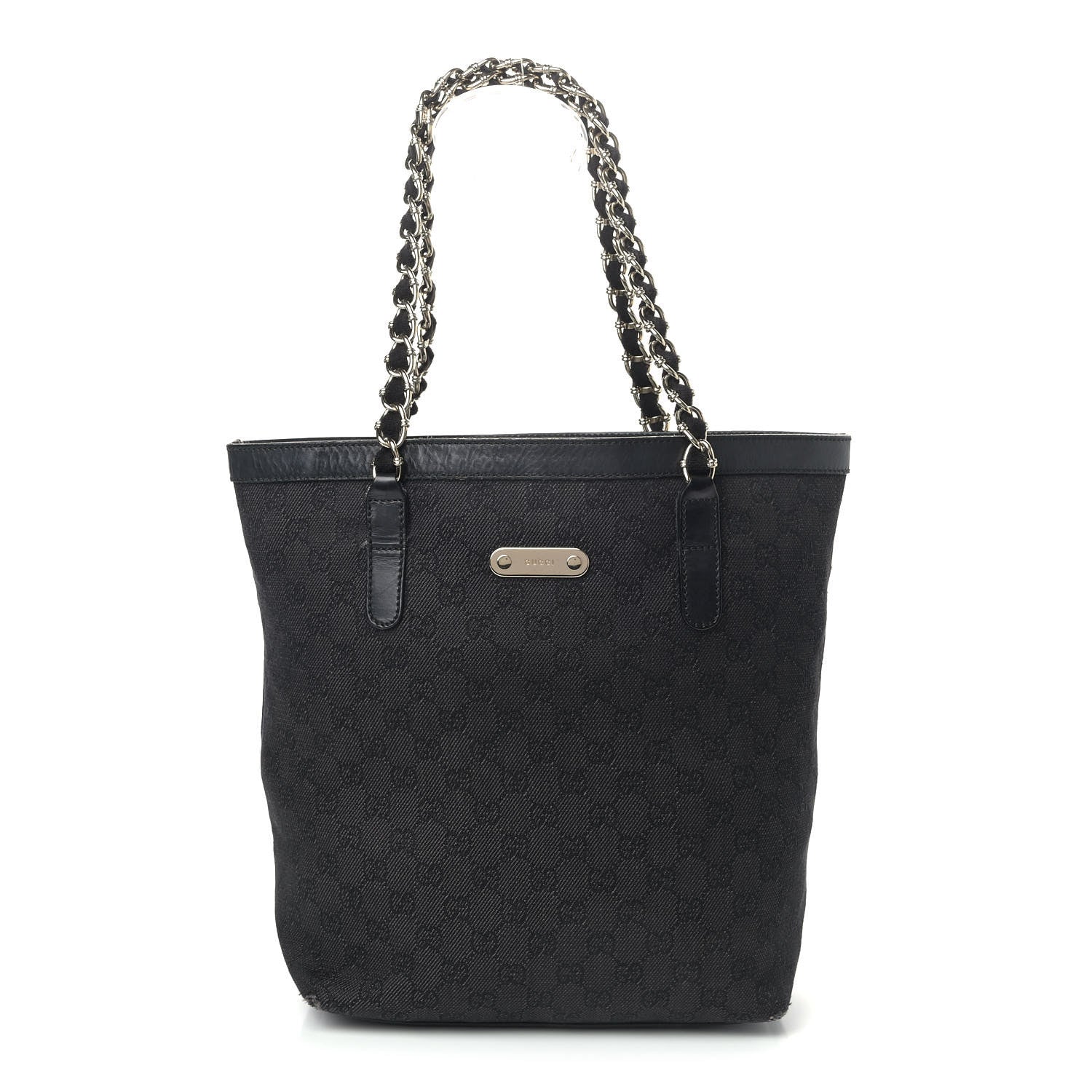 Gucci Denim Monogram Chain Bucket Tote Black 1 of 10