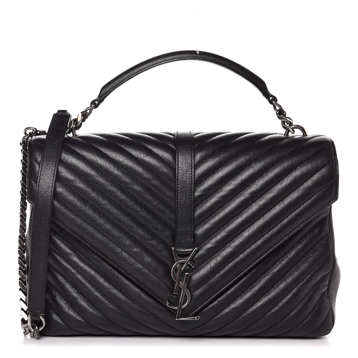 Sheepskin Matelasse Chevron Monogram Large College Satchel Black
