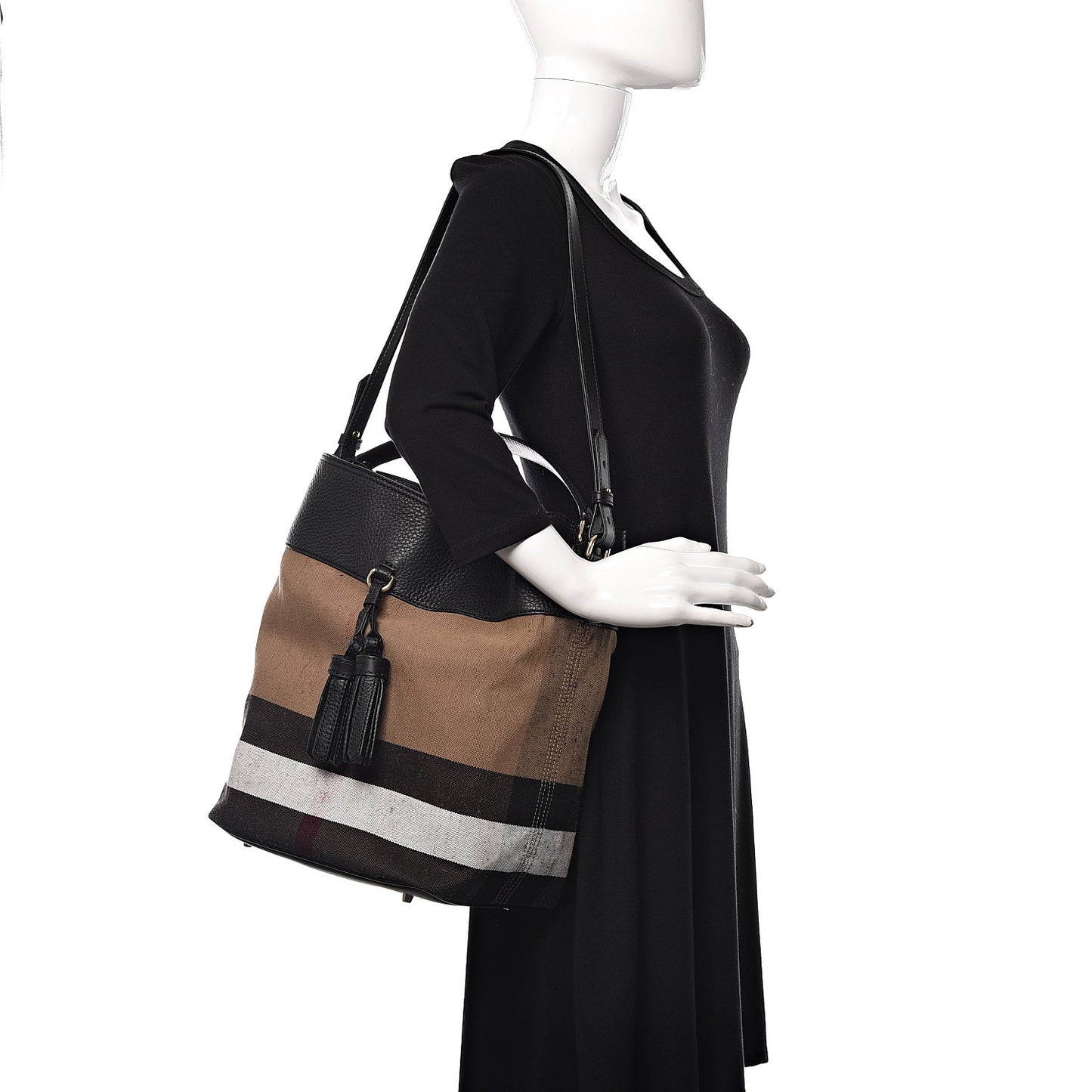 Grainy Calfskin Canvas Mega Check Medium Ashby Tassel Hobo Black