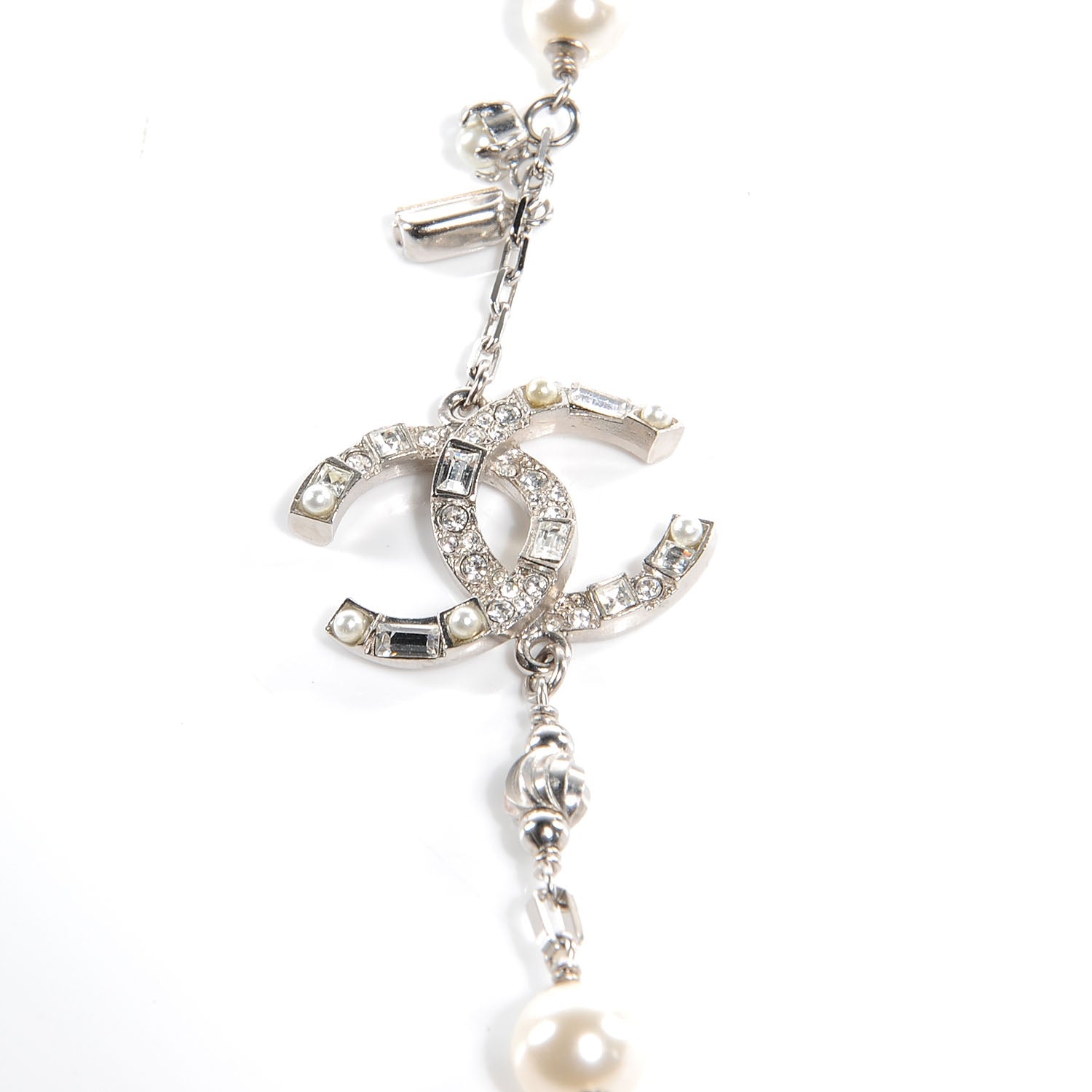 Chanel Crystal Pearl CC Long Necklace Silver 5 of 6