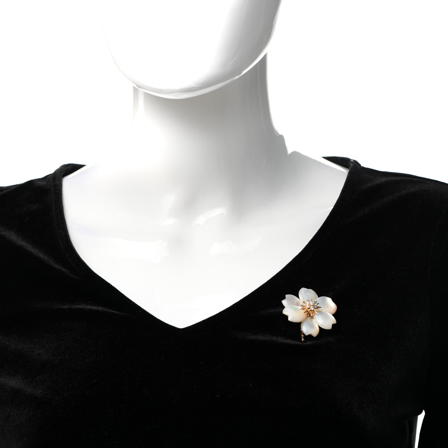 18K Yellow Gold Diamond Mother of Pearl Medium Rose De Noel Flower Brooch Pin