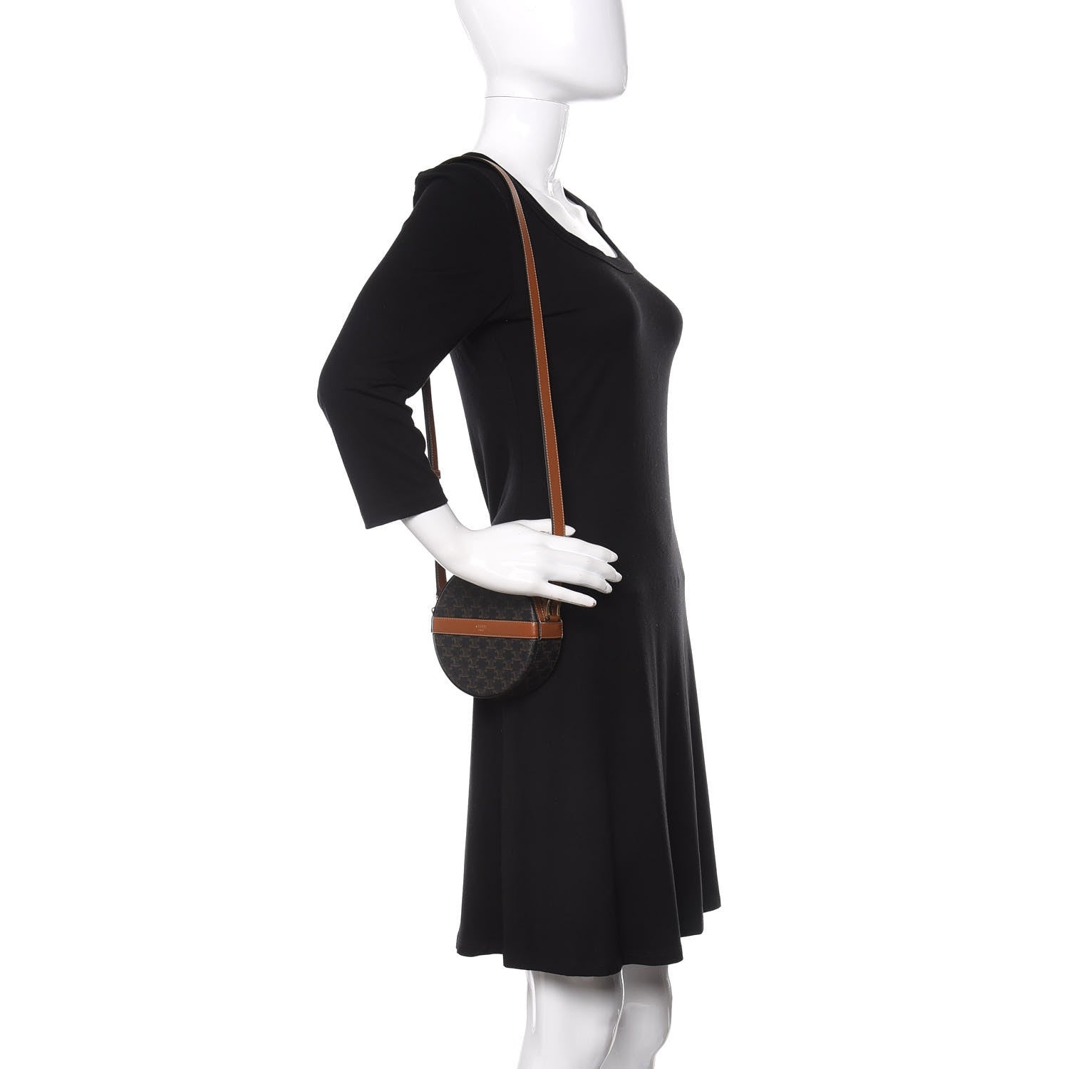 Celine Lambskin Triomphe Canvas Round Purse On Strap Black Tan 2 of 9