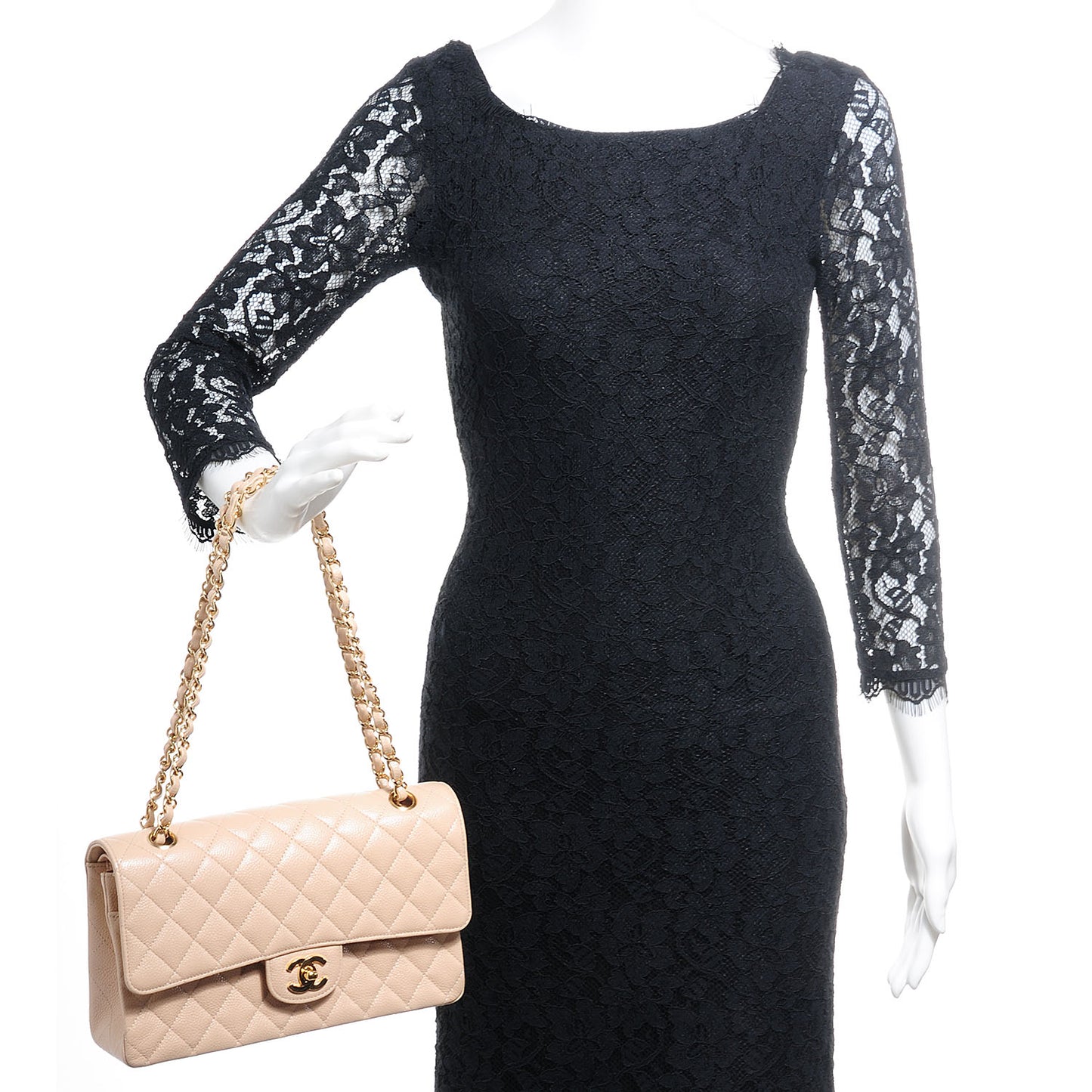 Caviar Quilted Medium Double Flap Beige Clair