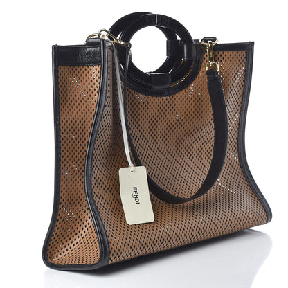 Fendi Vitello Liberty Glossy Lambskin Perforated Medium Runaway Shopper Tote Sand Mimosa Black 3 of 11