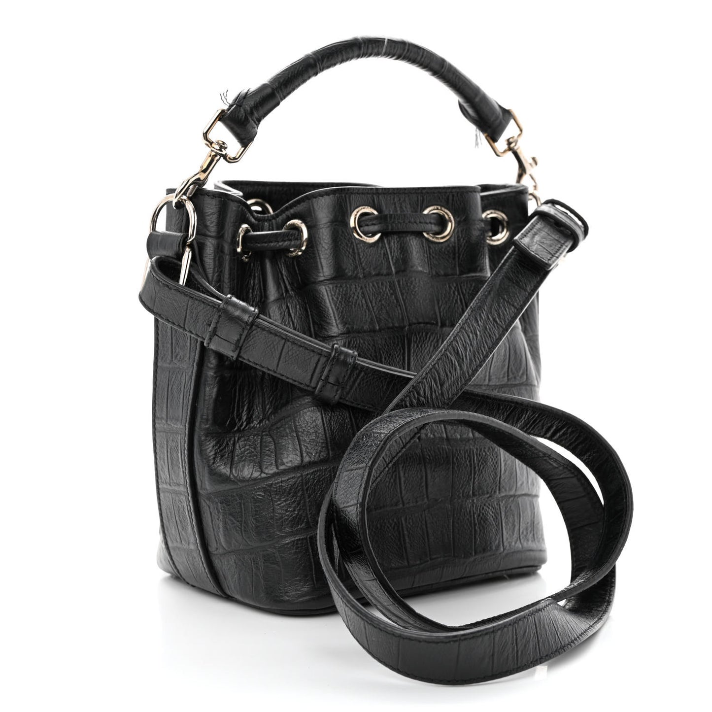 Calfskin Crocodile Embossed Small Emmanuelle Bucket Bag Black