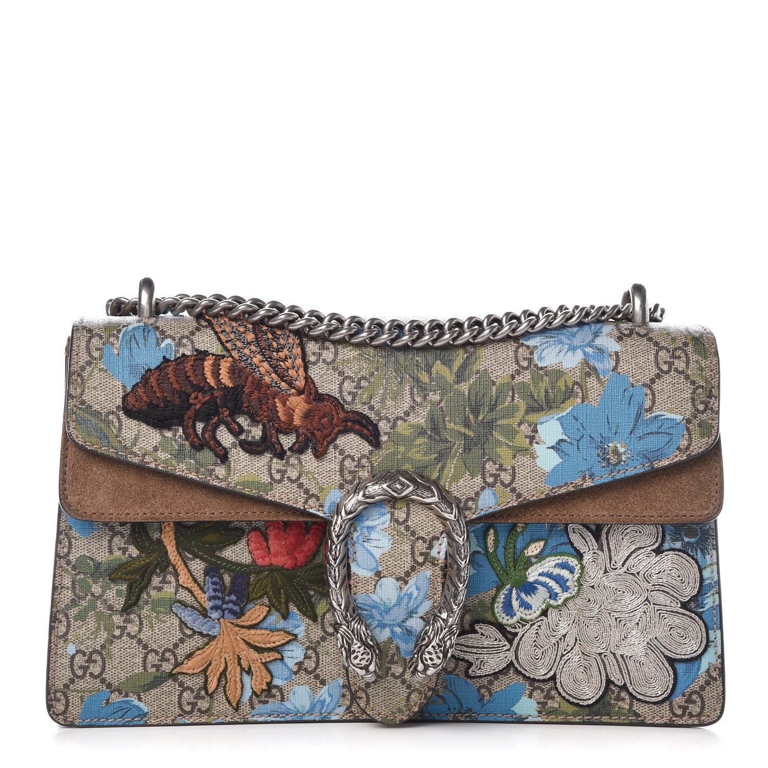 Gucci GG Supreme Monogram Blooms Print Embroidered Small Dionysus Shoulder Bag Blue Taupe 1 of 11