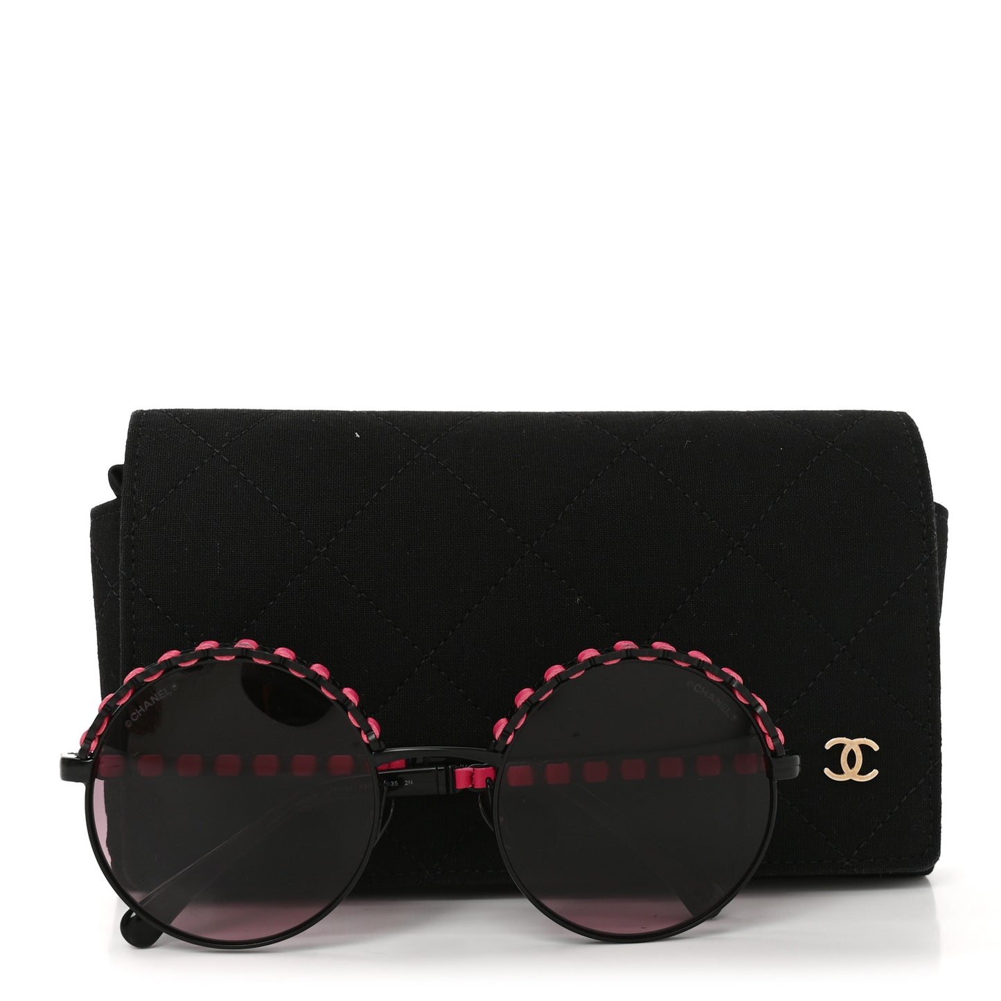 Metal Calfskin Round Chain Sunglasses 4265-Q Black Pink