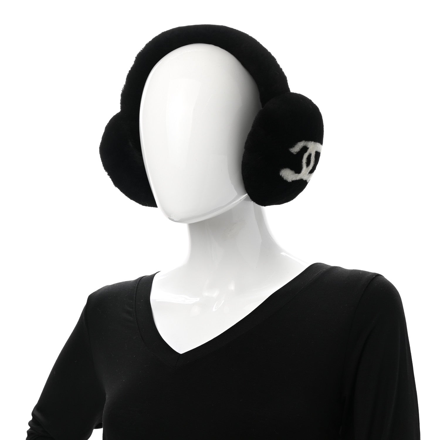 Chanel Shearling CC Ear Muffs Black White 2 of 6