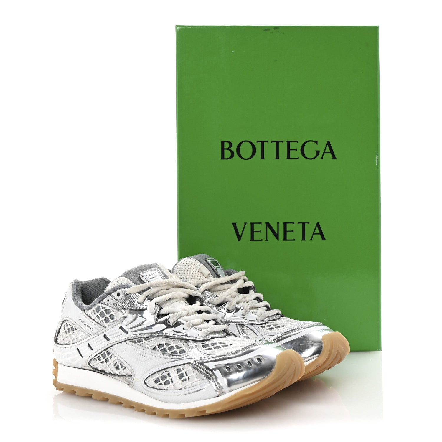 Bottega Veneta Calfskin Fishnet Fabric Orbit Sneakers 37 Silver White 10 of 10