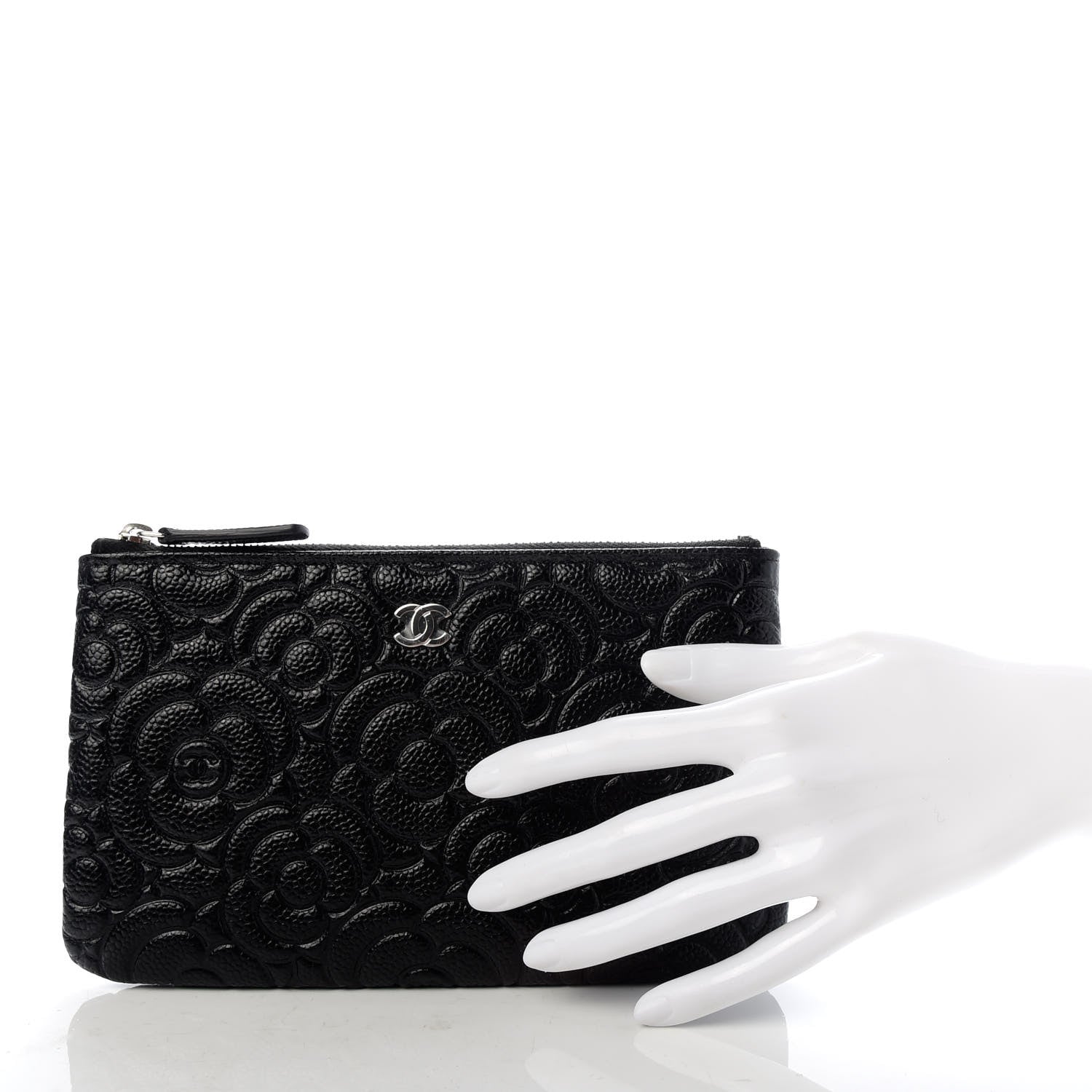 Chanel Caviar Camellia Embossed Cosmetic Pouch Black 2 of 7