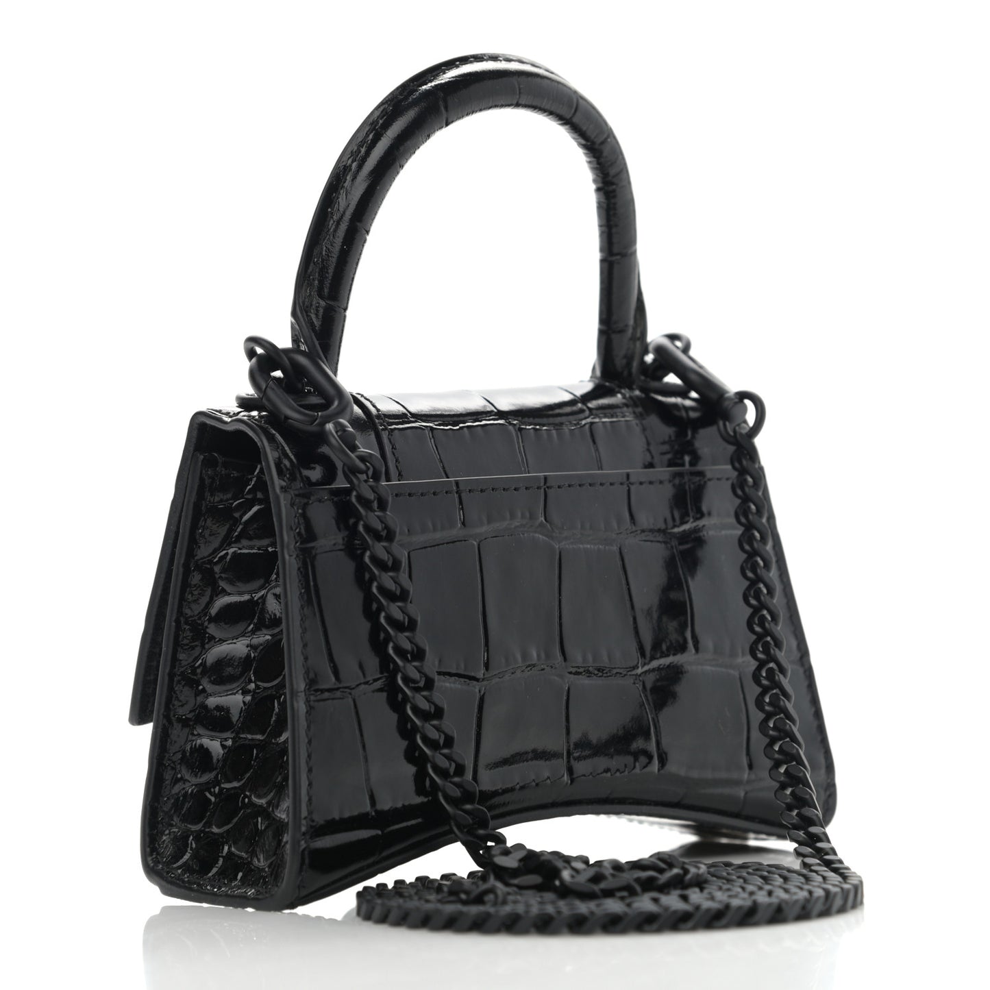 Shiny Calfskin Monochrome Crocodile Embossed Hourglass Top Handle Bag Mini with Chain Black