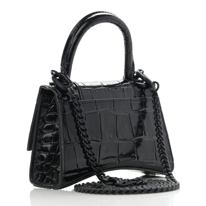 Balenciaga Shiny Calfskin Monochrome Crocodile Embossed Hourglass Top Handle Bag Mini with Chain Black 3 of 10