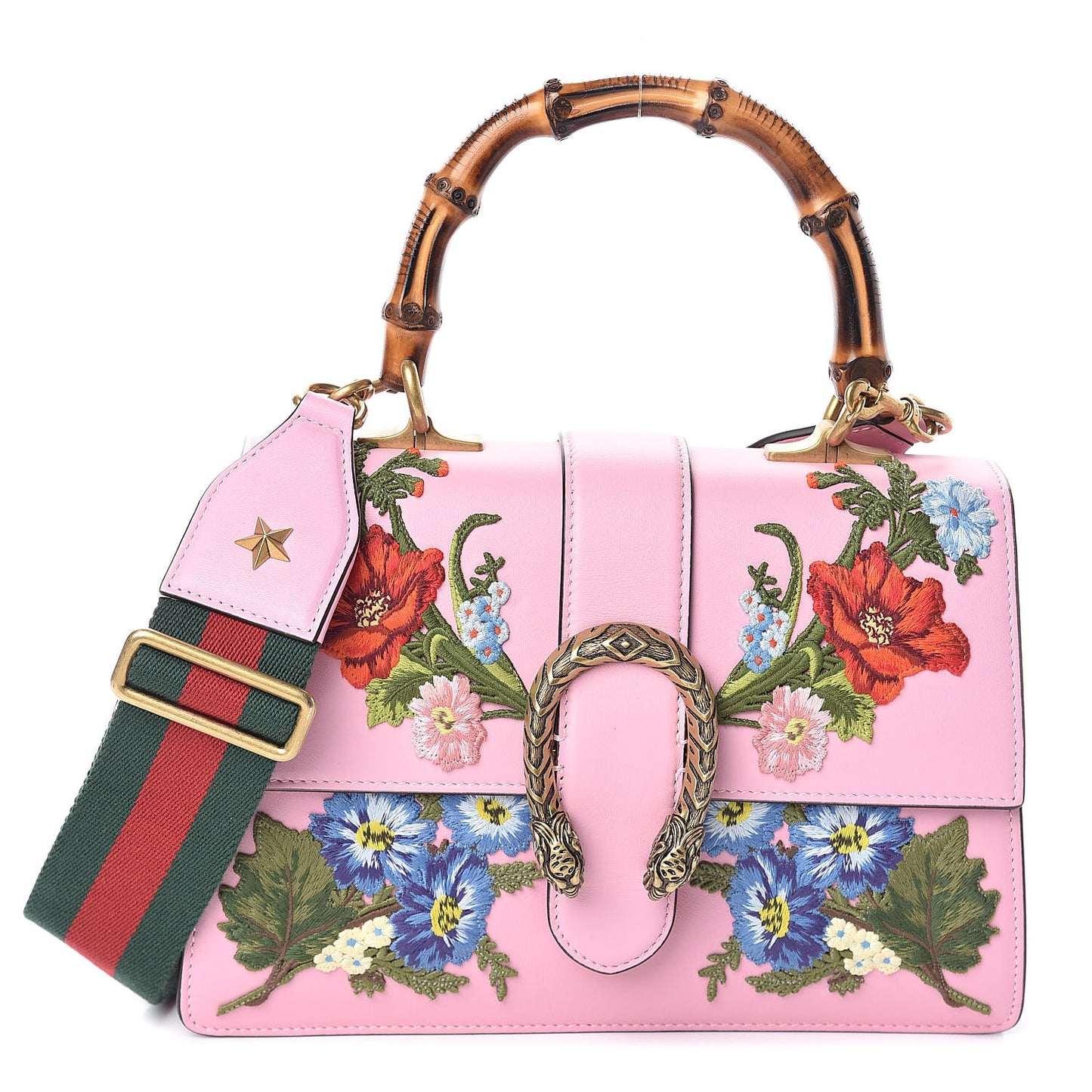 Calfskin Bamboo Web Embroidered Medium Dionysus Top Handle Bag Pink