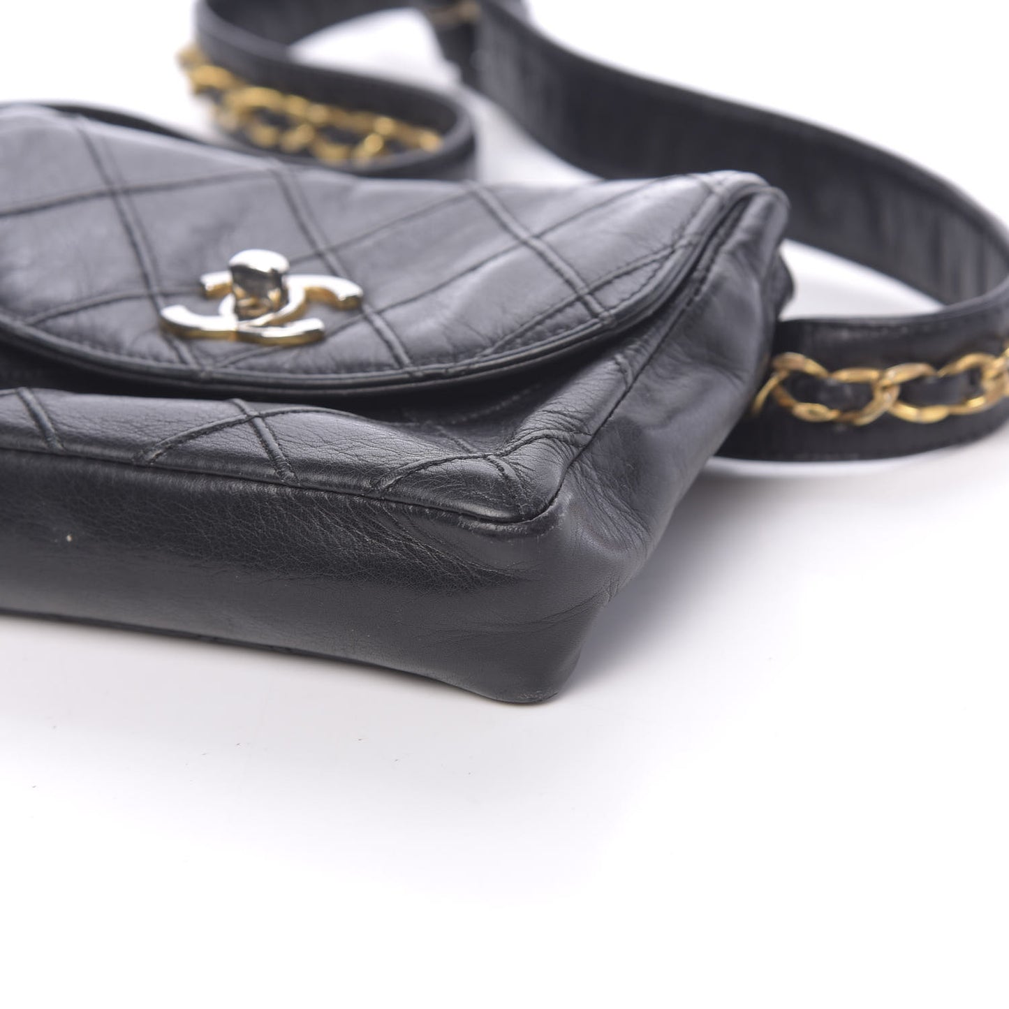 Calfskin Diamond Embossed Flap Waist Belt Bag Black
