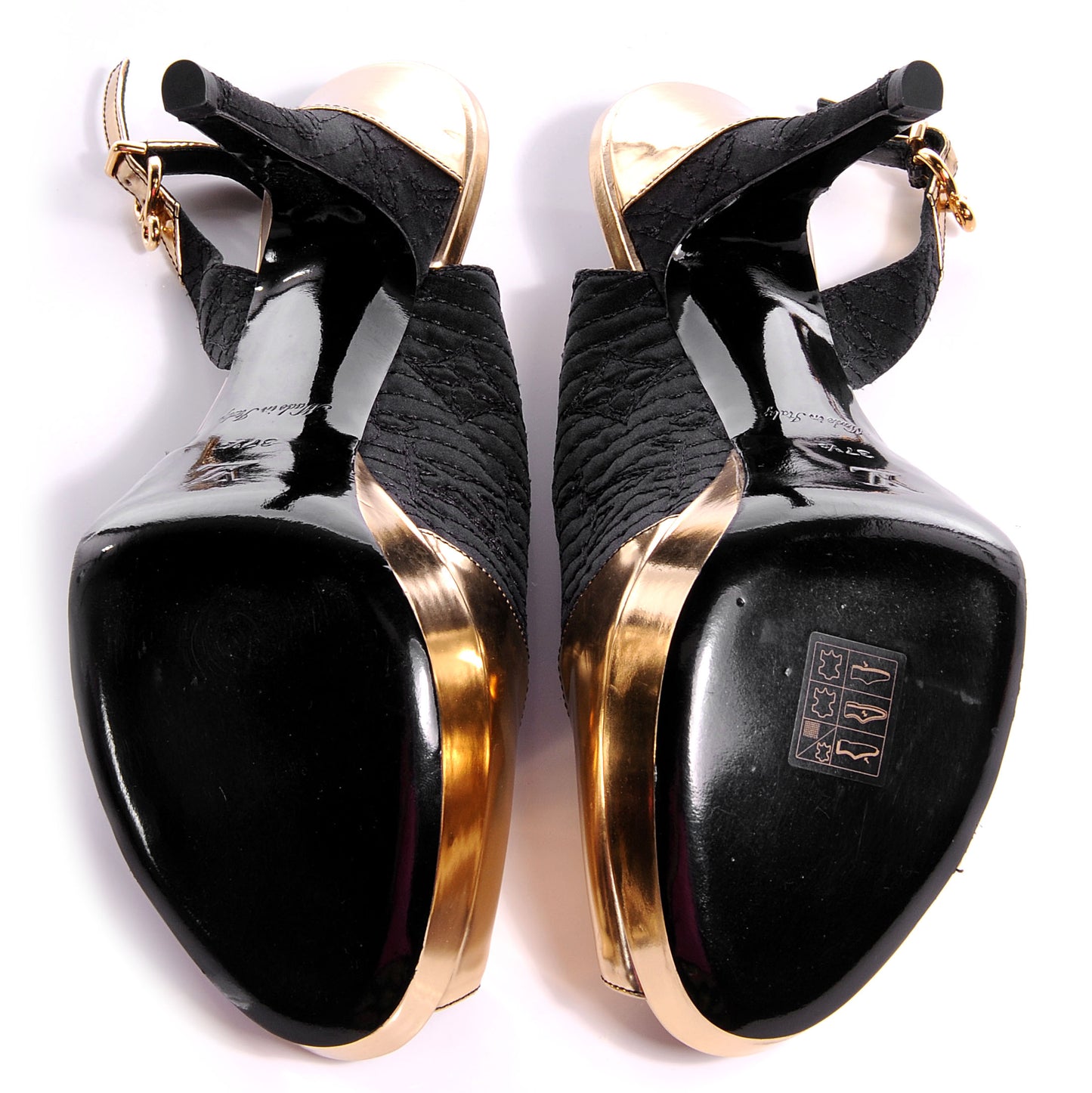 Satin Monogram Motard Piccadilly Platform Slingback Heels Black Gold 37.5