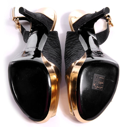 Louis Vuitton Satin Monogram Motard Piccadilly Platform Slingback Heels Black Gold 37.5 5 of 6