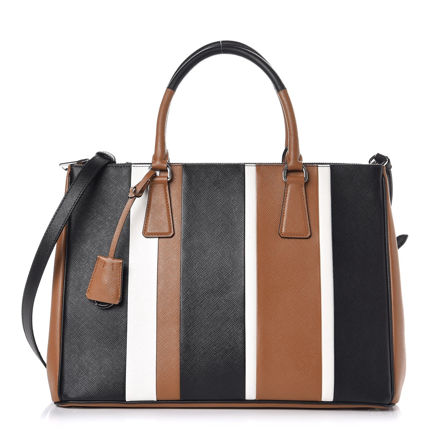 Prada Saffiano Baiadera Striped Medium Galleria Double Zip Tote Caramel Black White 1 of 9