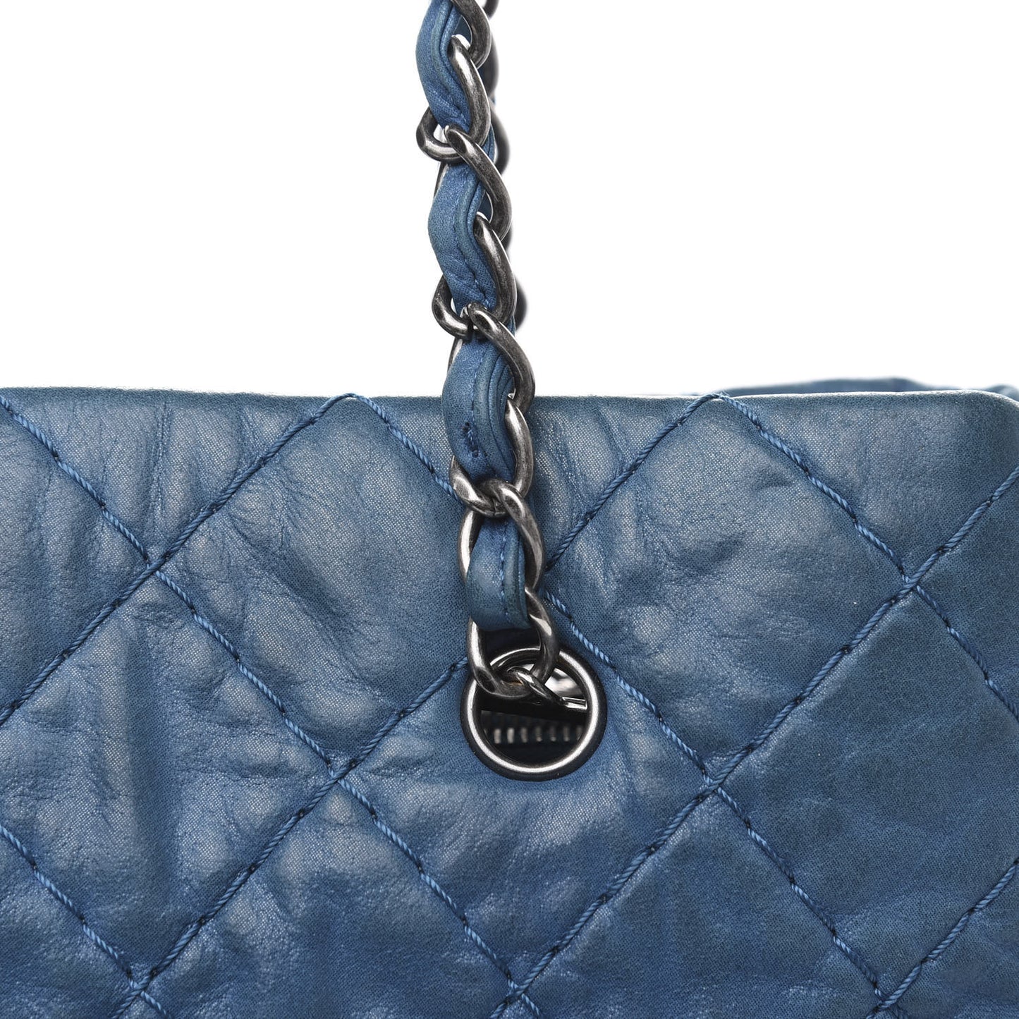 Iridescent Calfskin Quilted Shopping Tote Blue