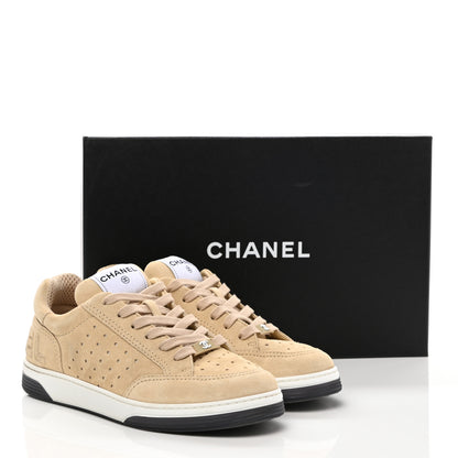 Chanel Suede Calfskin Logo Sneakers 38 Beige 9 of 9