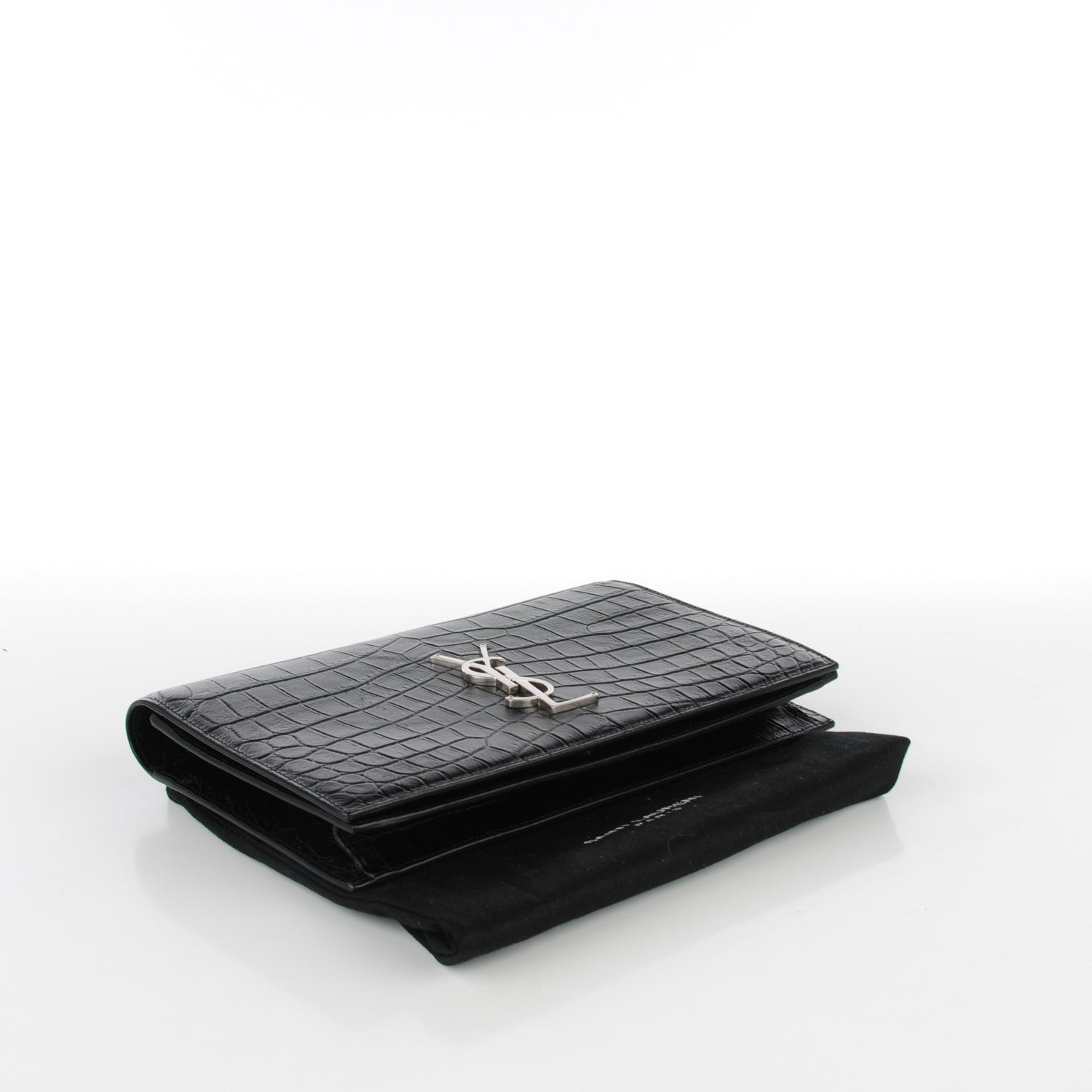 Saint Laurent Calfskin Crocodile Embossed Classic Kate Monogram Clutch Black 4 of 8