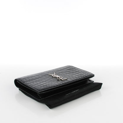 Saint Laurent Calfskin Crocodile Embossed Classic Kate Monogram Clutch Black 4 of 8