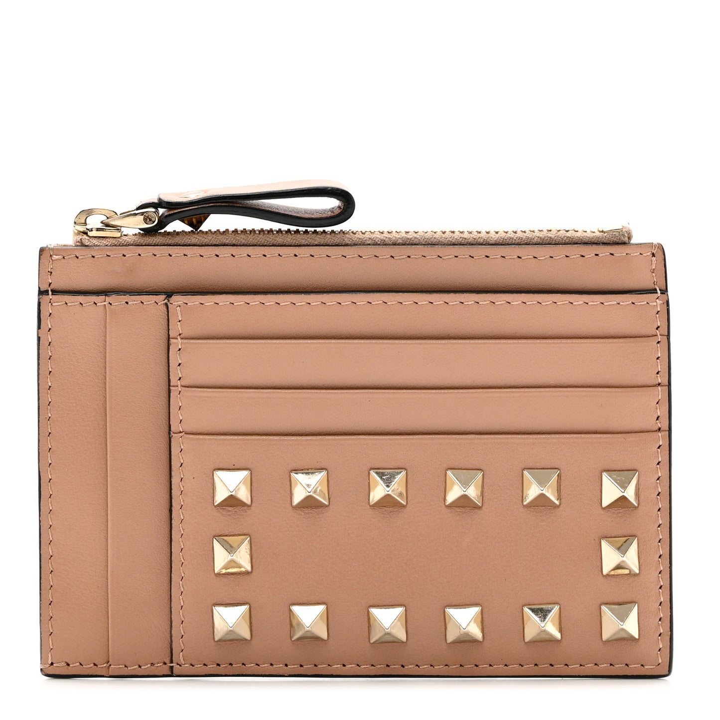 Calfskin Rockstud Coin Case Card Holder Soft Noisette