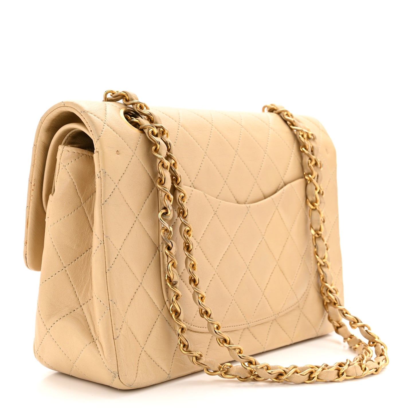 Lambskin Quilted Medium Double Flap Beige
