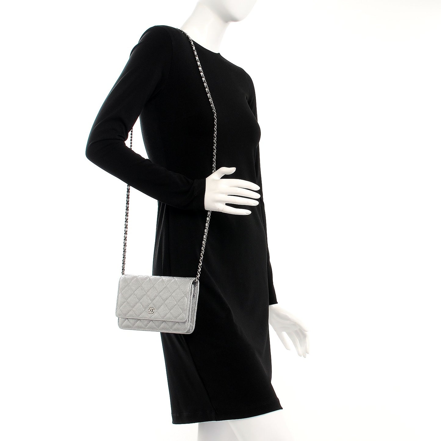 Metallic Caviar Quilted Wallet on Chain WOC Silver