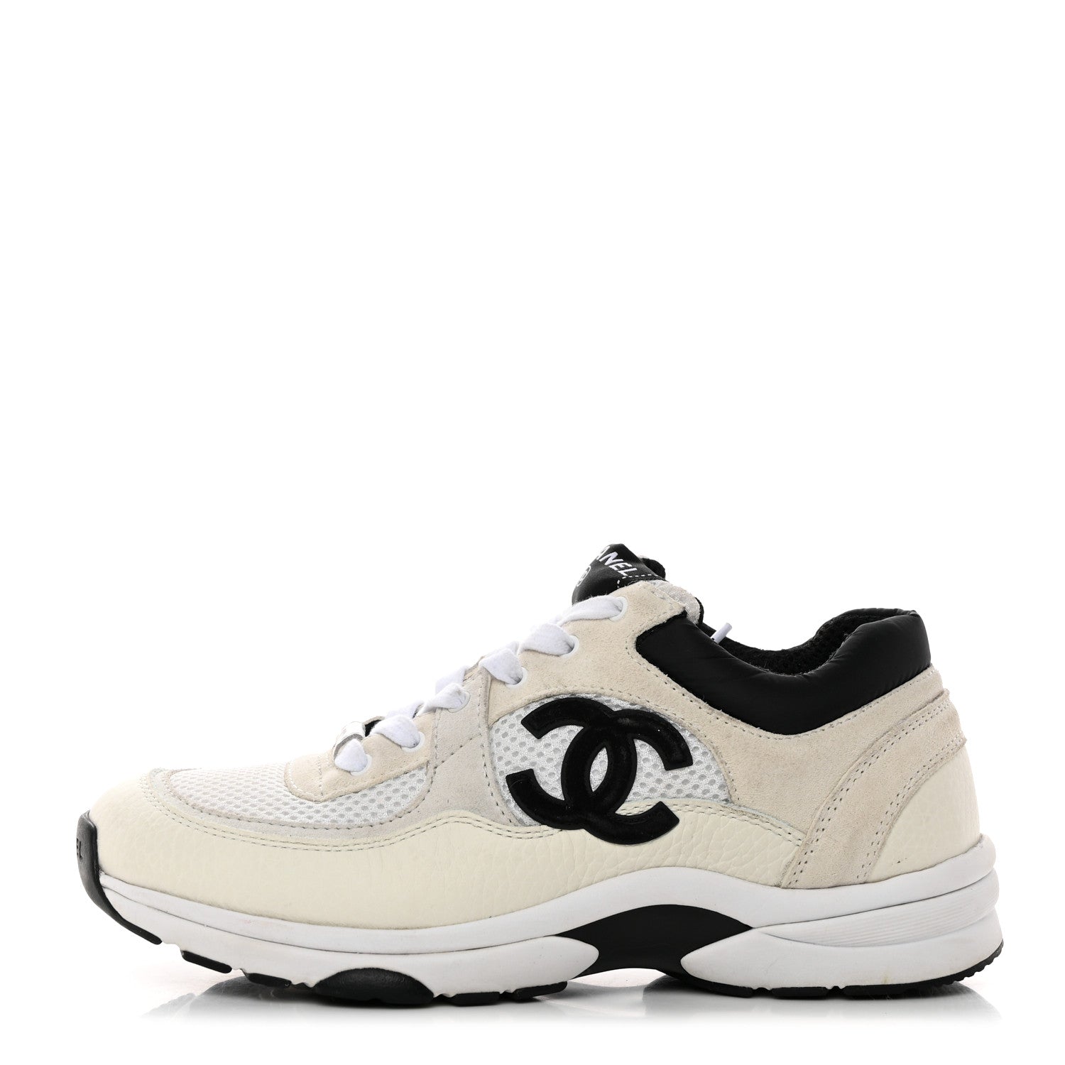 Chanel Mesh Suede Calfskin Grained Calfskin Womens CC Sneakers 38 White Black 1 of 8