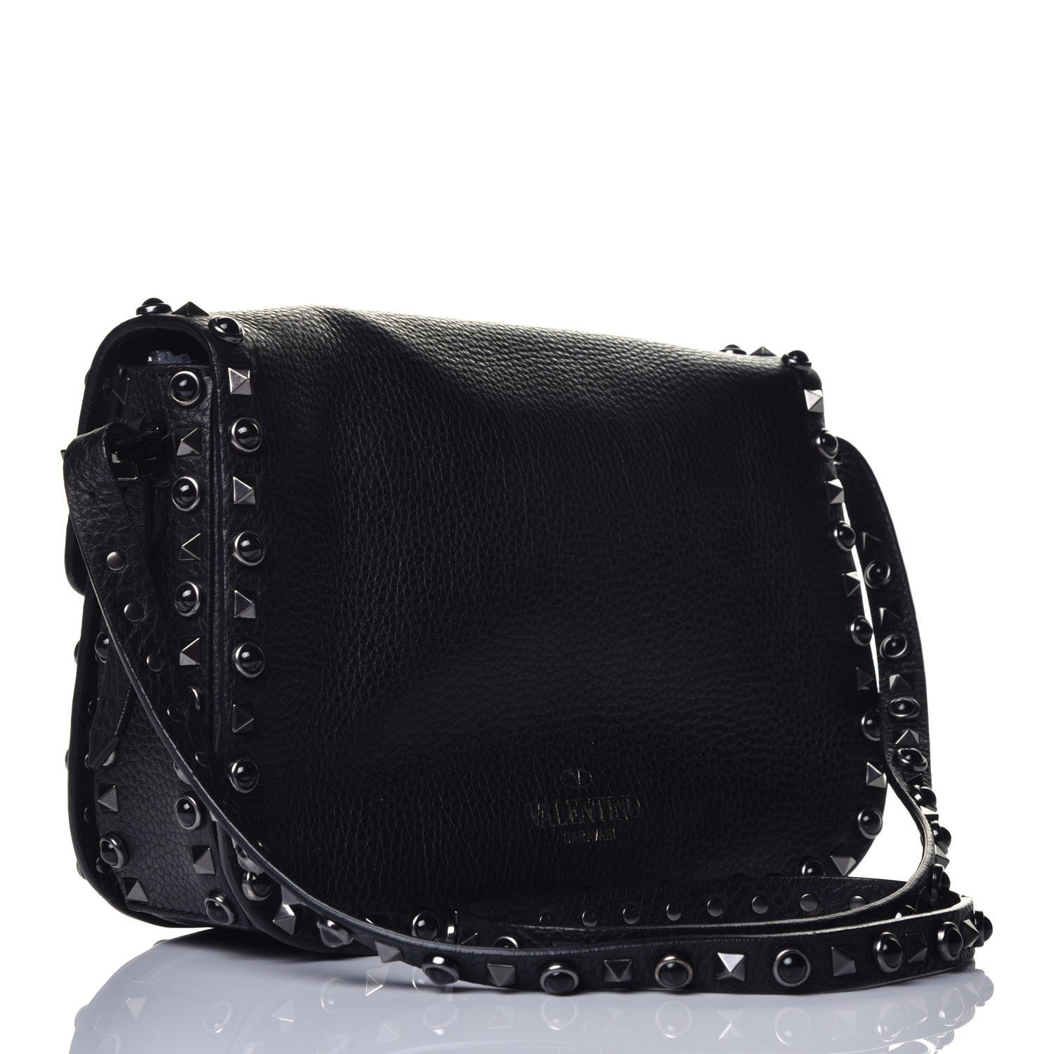 Valentino Garavani Pebbled Calfskin Onyx Medium Rockstud Rolling Flap Saddle Bag Black 3 of 8
