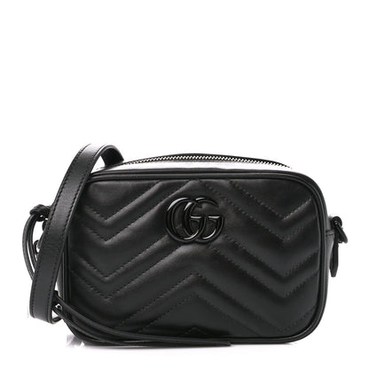 Gucci Calfskin Matelasse Monochrome Mini GG Marmont Chain Shoulder Bag Black 1 of 11