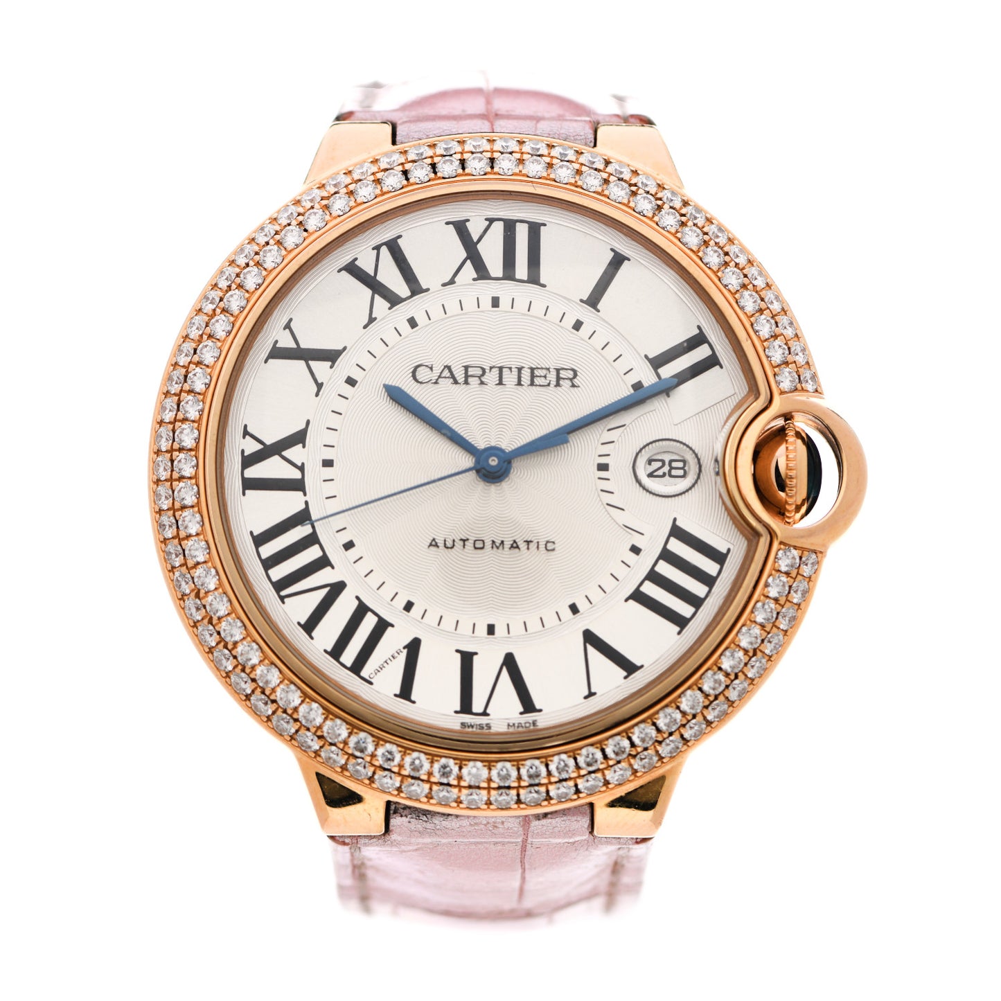 18K Pink Gold Alligator Diamond Pave Bezel 42mm Ballon Bleu De Cartier Automatic Watch