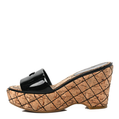 Chanel Patent Cork Quilted CC Wedge Mule Sandals 37 Black 1 of 8