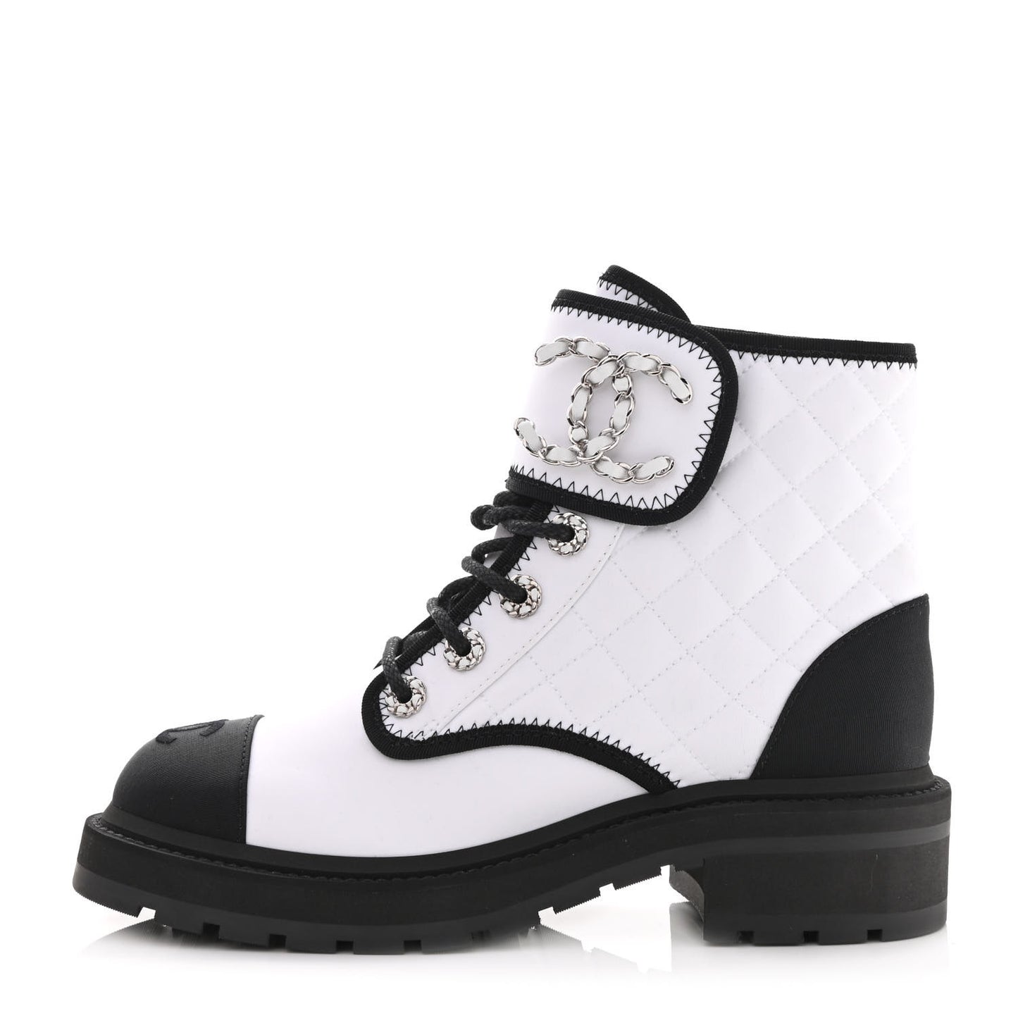Fabric Grosgrain Quilted Cap Toe Lace Up Combat Boots 37 White Black