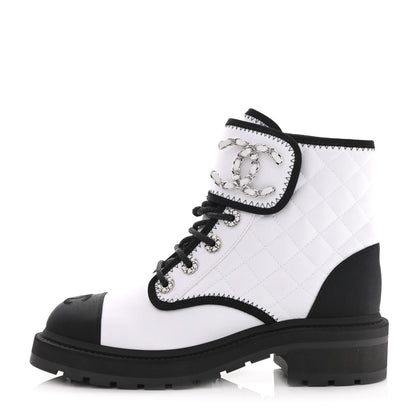 Chanel Fabric Grosgrain Quilted Cap Toe Lace Up Combat Boots 37 White Black 1 of 9