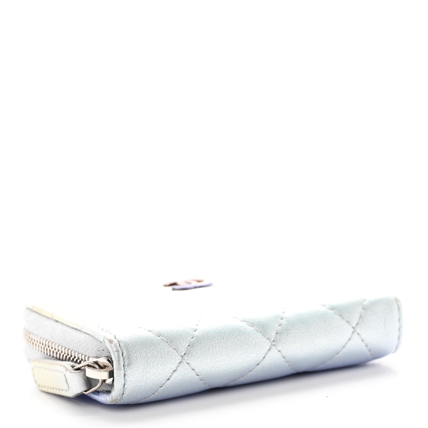 Chanel Gradient Metallic Calfskin Quilted Zip Around Coin Purse Wallet Silver Blue Yellow Purple 4 of 12