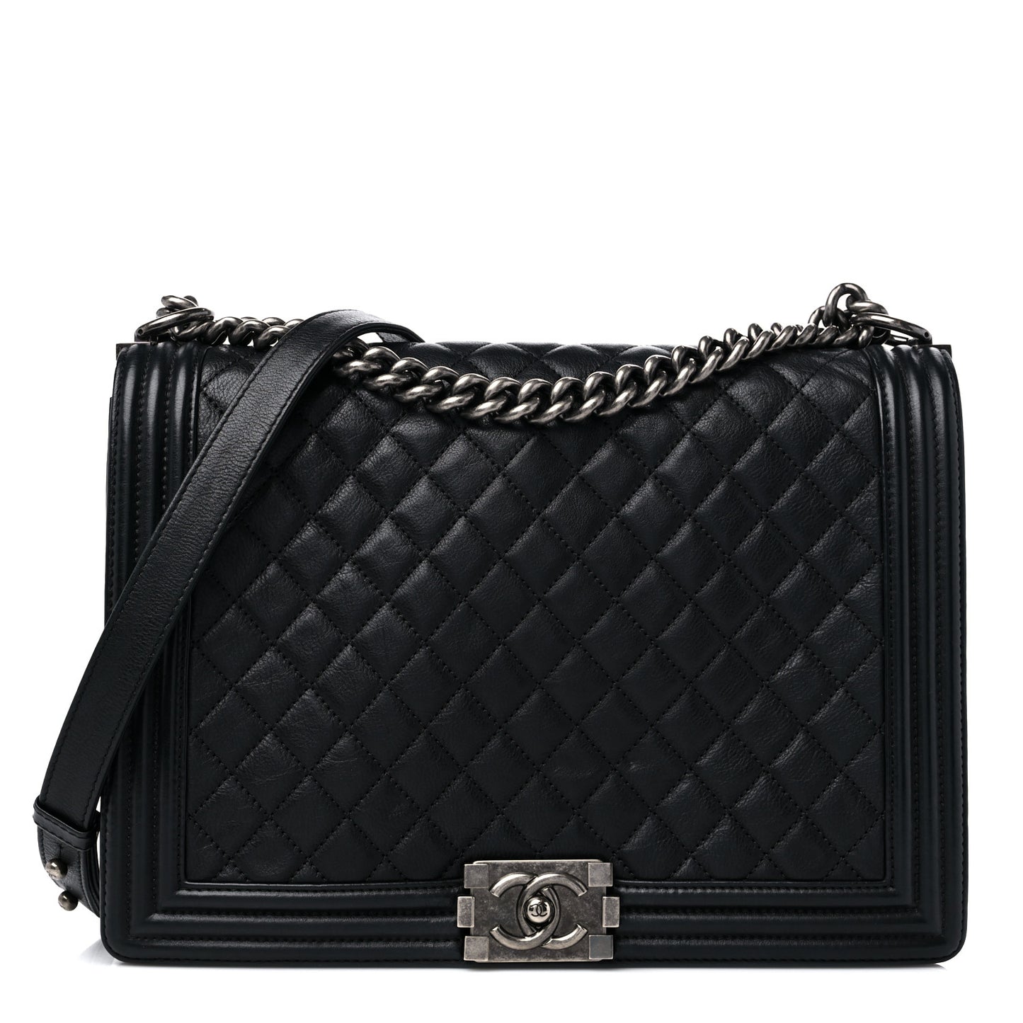 Calfskin Quilted Large Boy Flap Black