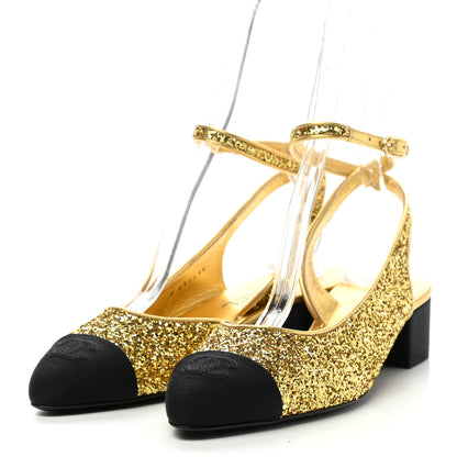 Chanel Glitter Grosgrain Cap Toe CC Ankle Wrap Pumps 39 Gold Black 3 of 8