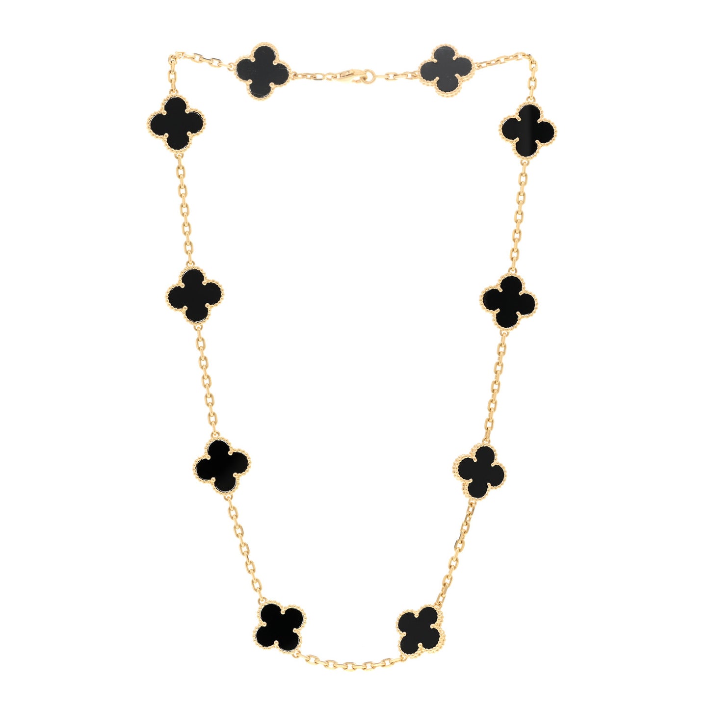 18K Yellow Gold Black Onyx 10 Motifs Vintage Alhambra Necklace
