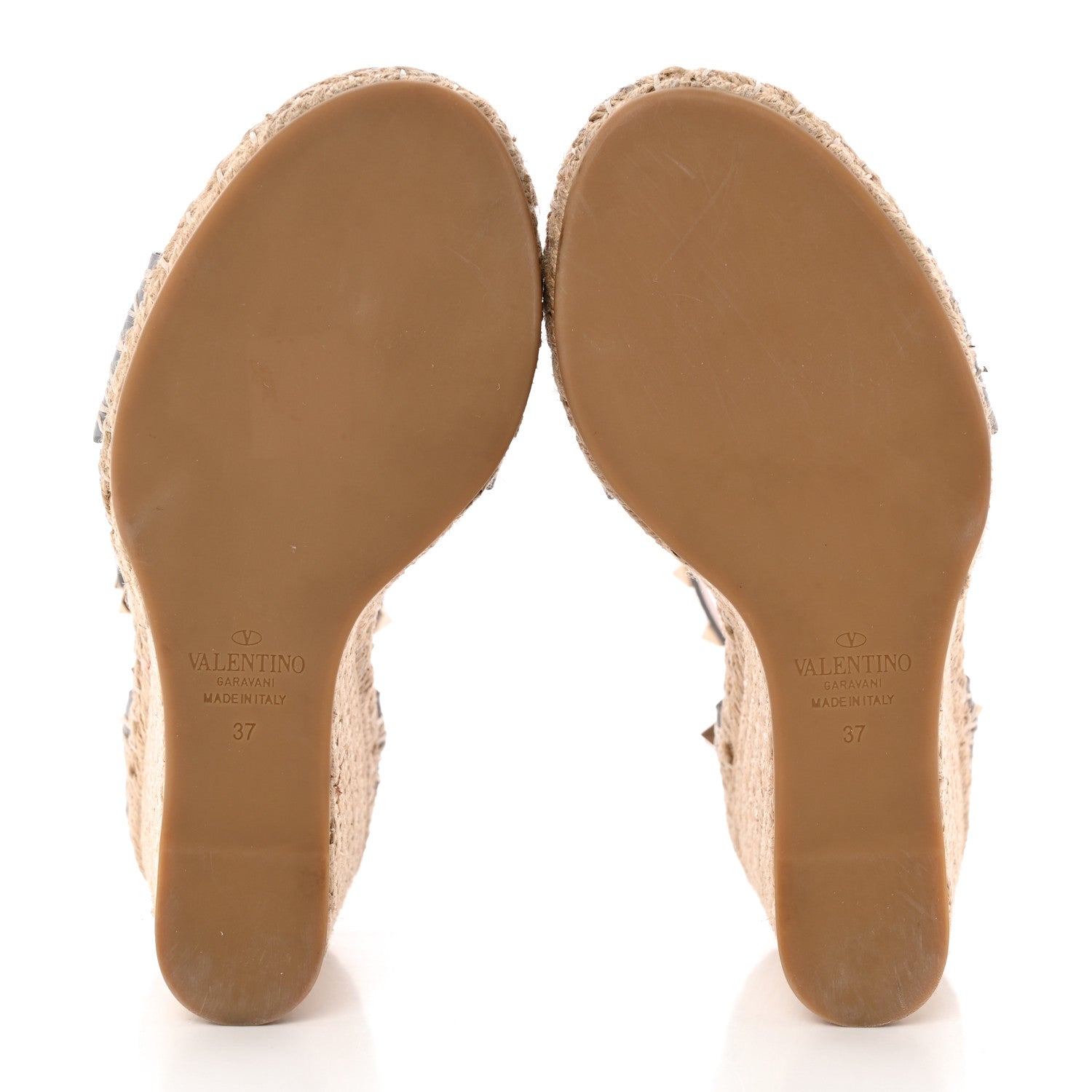 Valentino Garavani Grained Calfskin Rockstud Ankle Strap Espadrille 15/105mm Wedge Sandals 37 Pastel Grey Natural 5 of 15