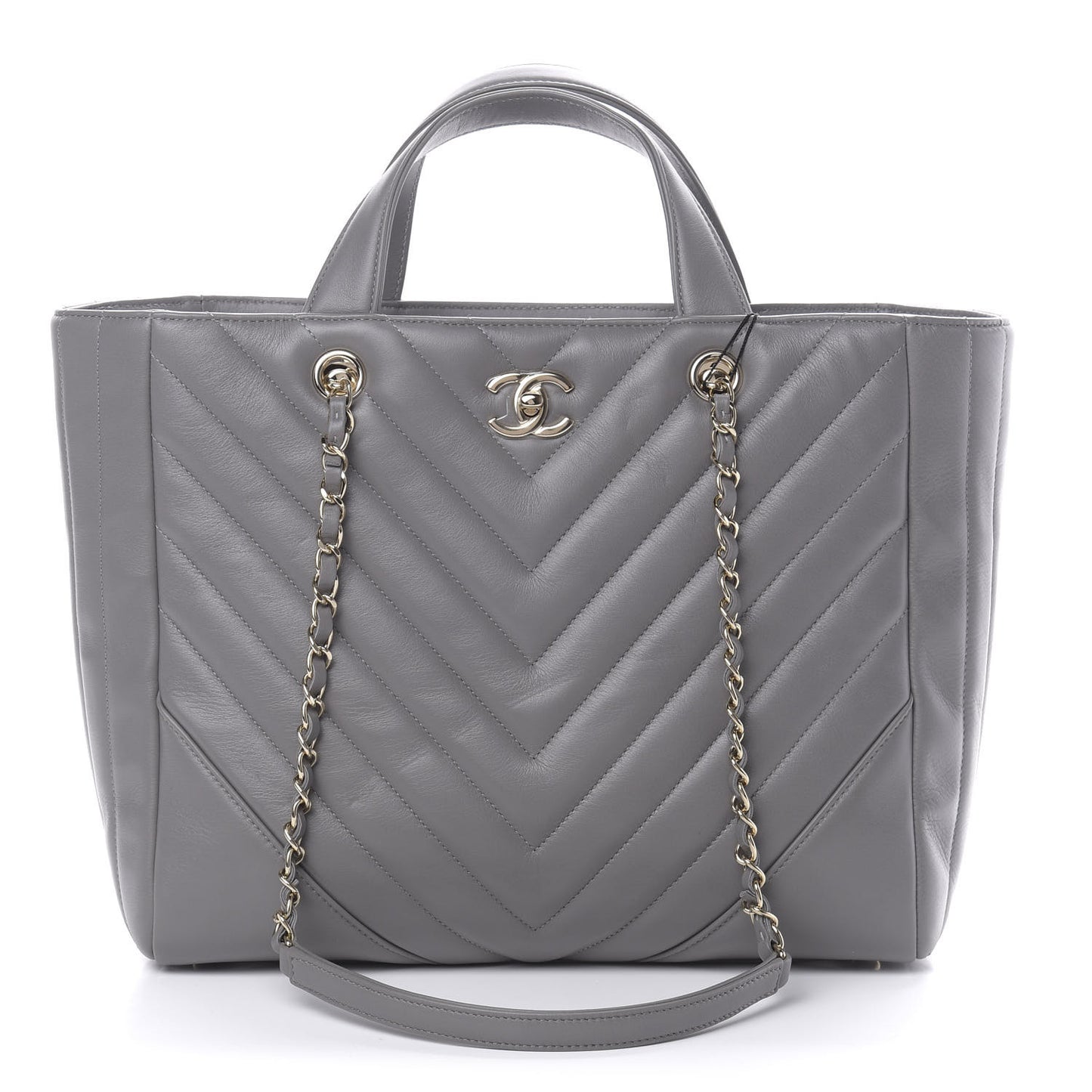 Calfskin Chevron Quilted Statement Shopping Tote Grey