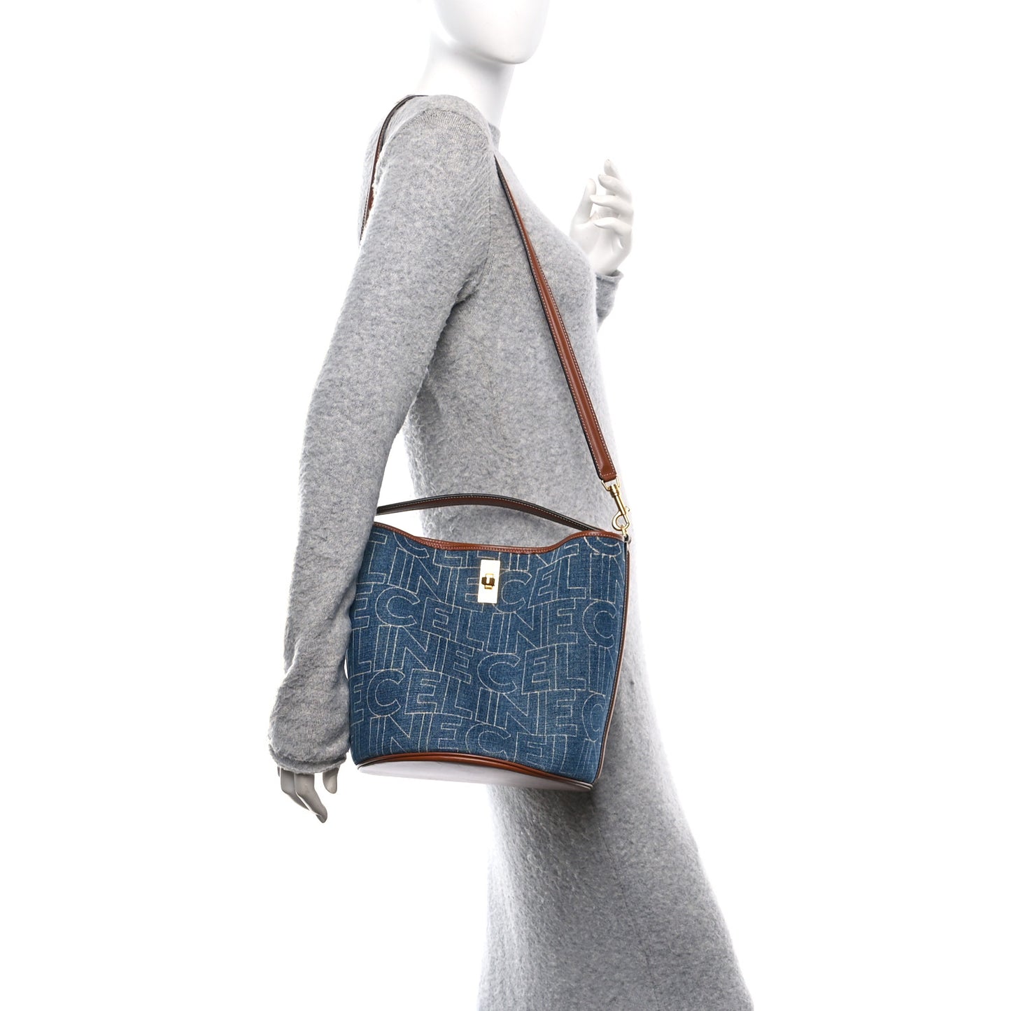 Denim Calfskin Logo Bucket 16 Bag Blue