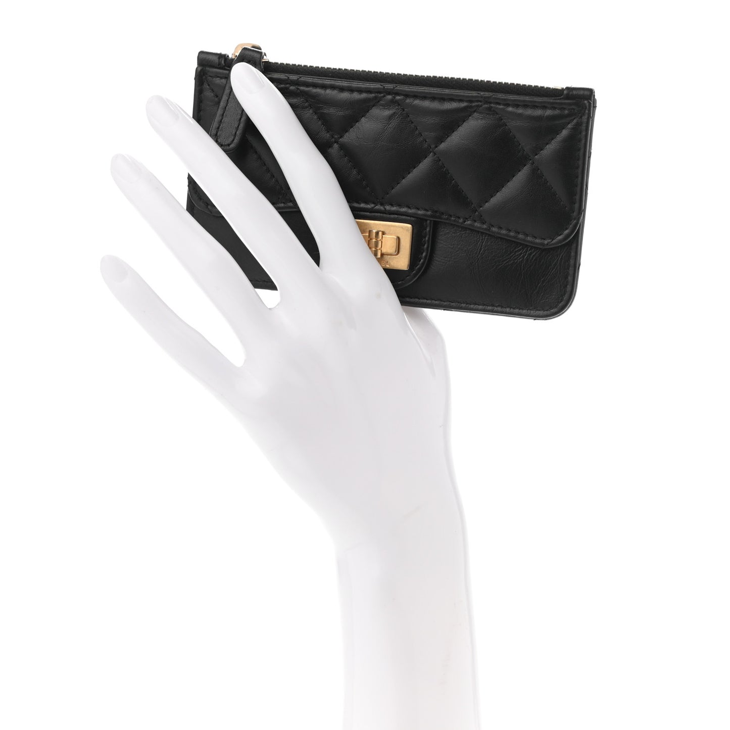 Aged Calfskin Quilted Reissue Flap Zip Card Holder Black