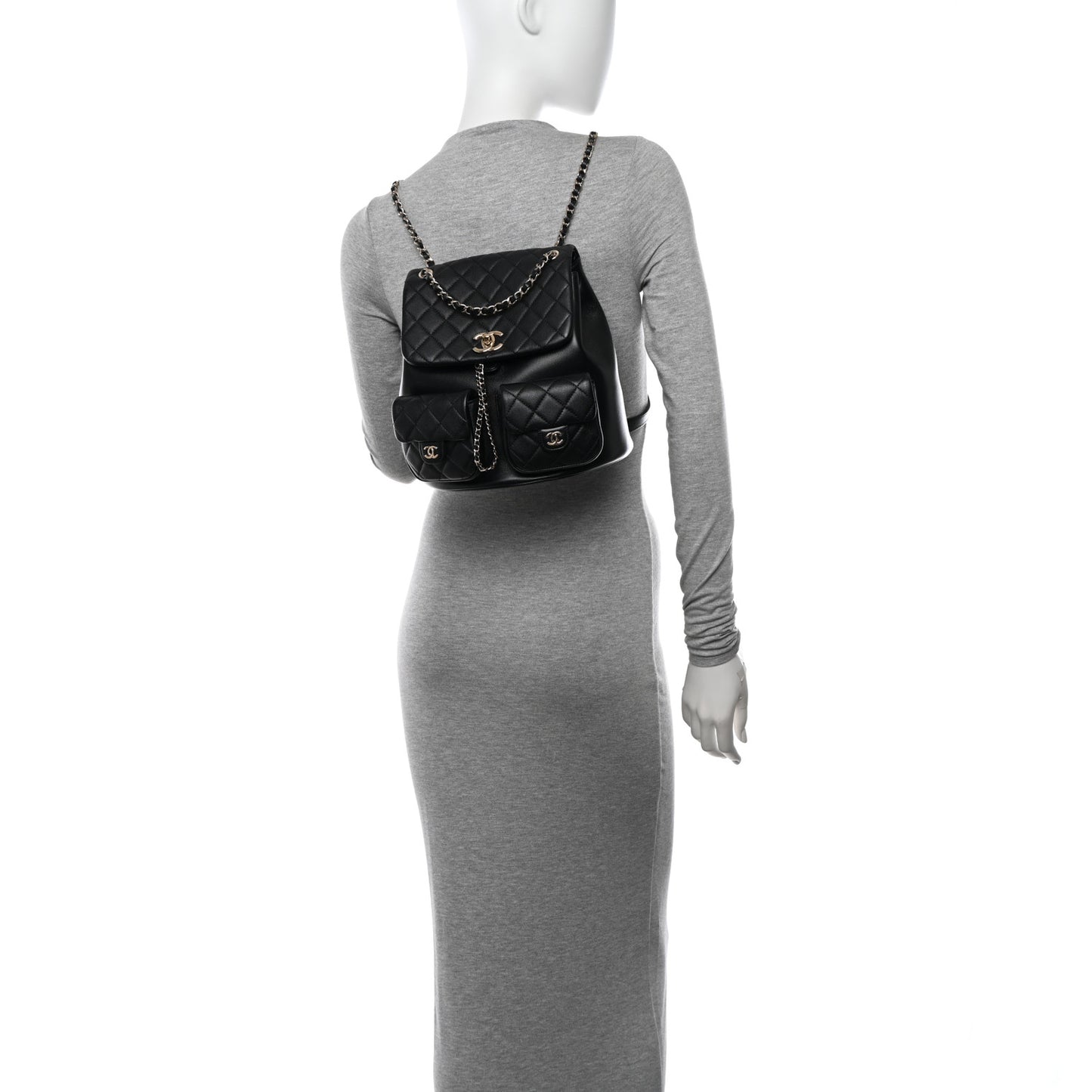 Calfskin Quilted Large Duma Pockets Drawstring Backpack Black