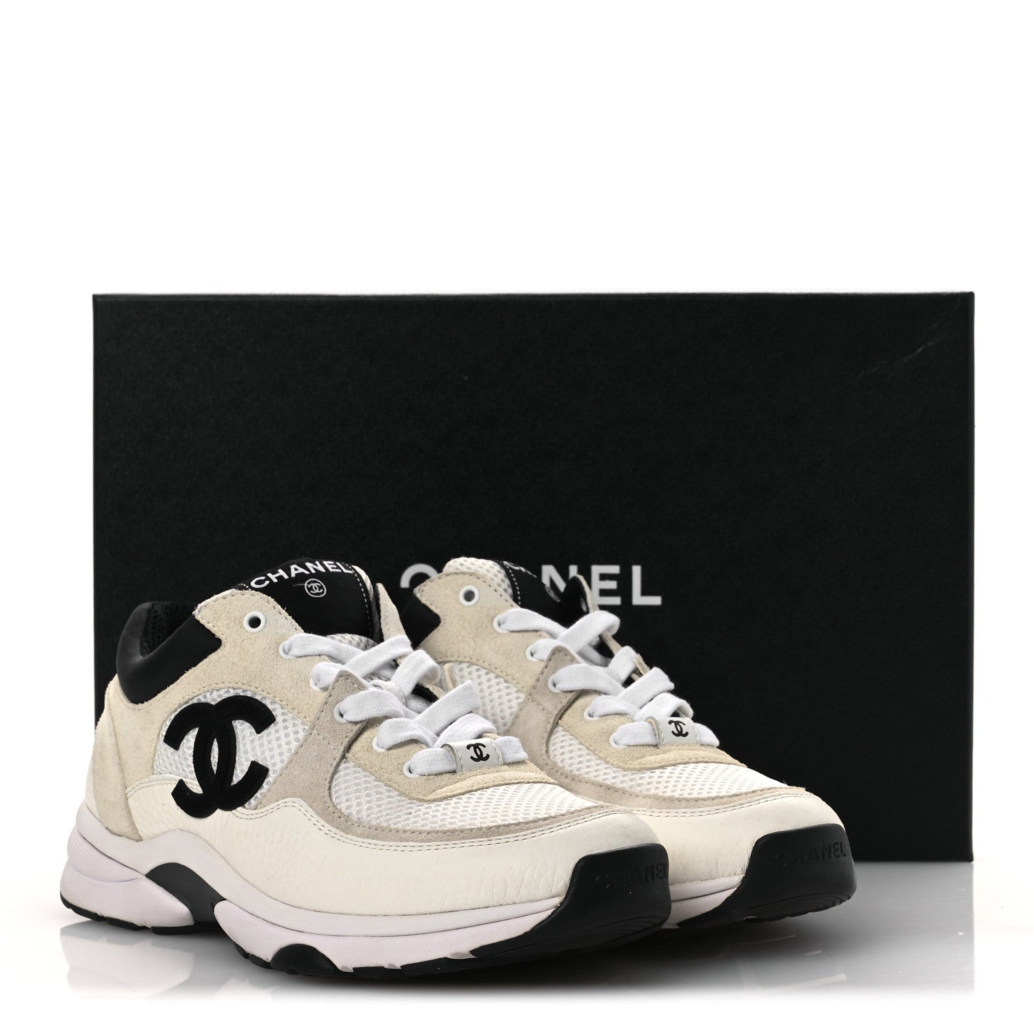 Chanel Mesh Suede Calfskin Grained Calfskin Womens CC Sneakers 38