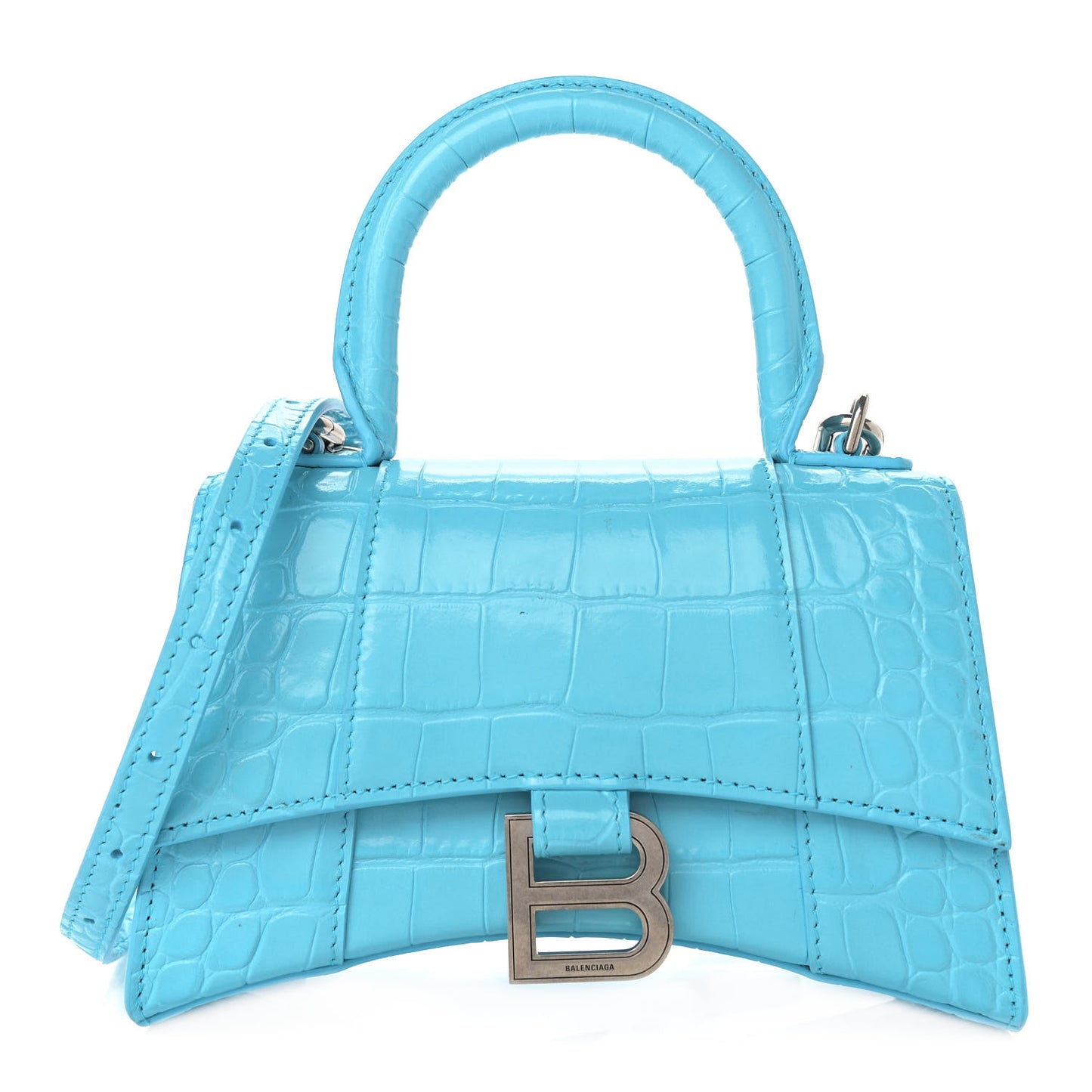 Shiny Calfskin Crocodile Embossed Hourglass Top Handle Bag XS Azur