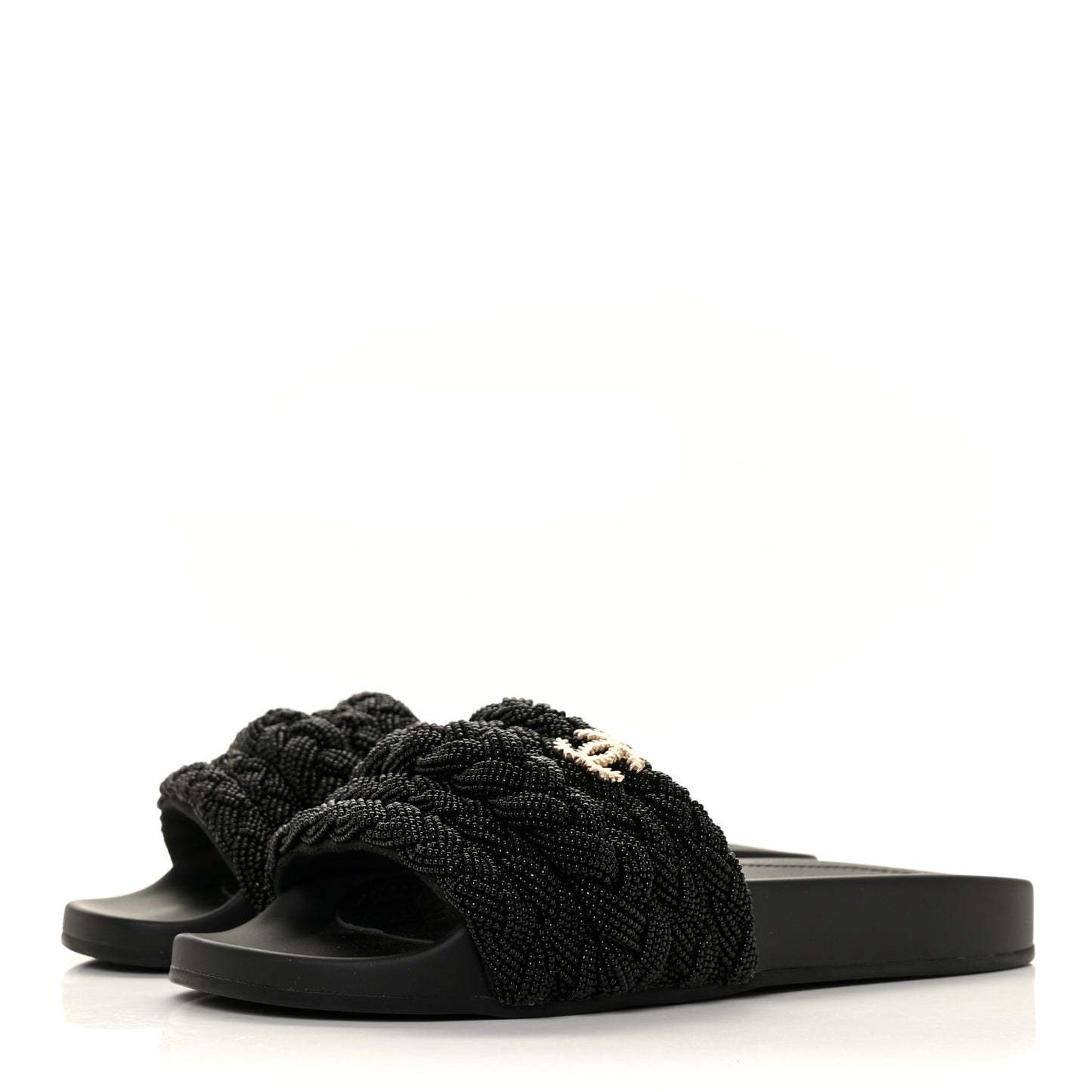 Lambskin Pearl Beaded Woven Slides 37 Black